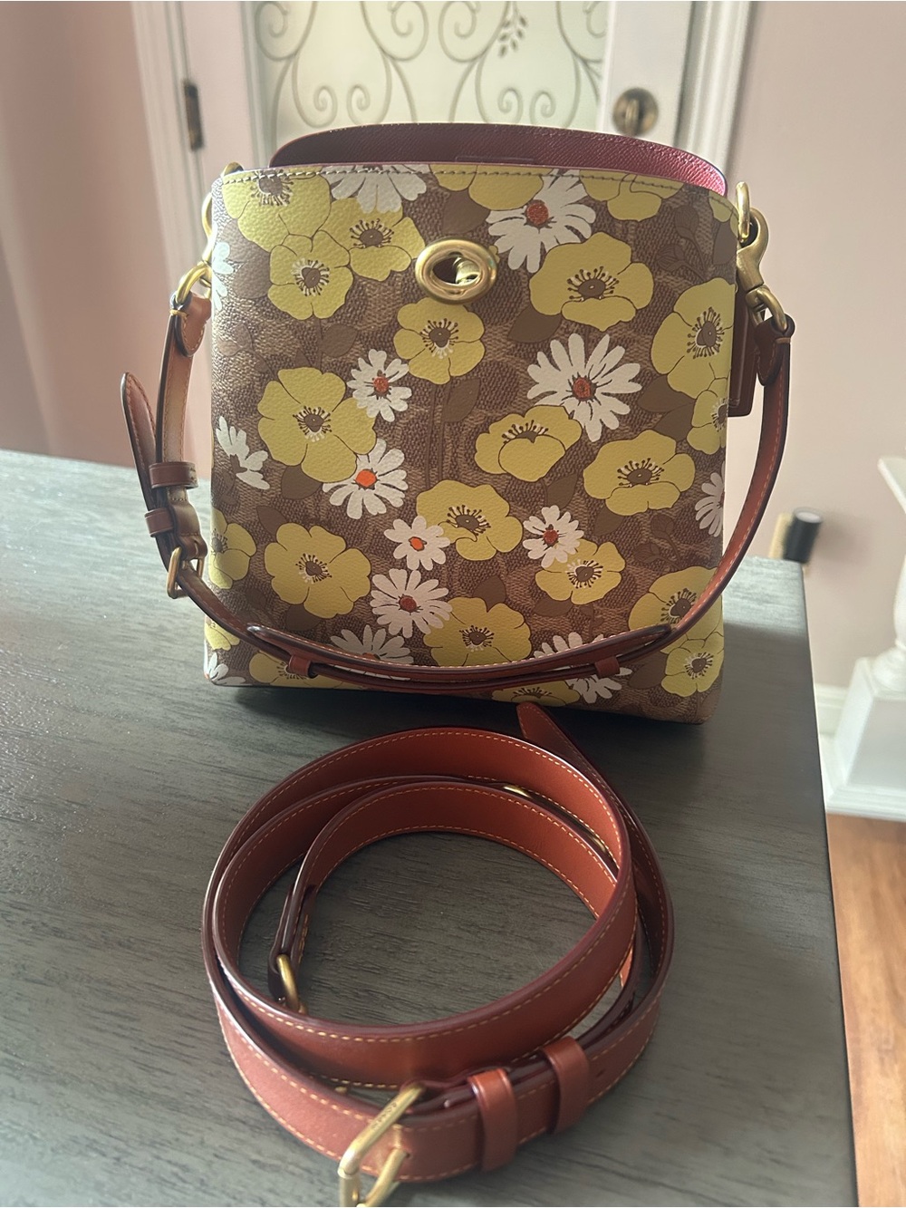 Coach Brown Floral Crossbody Bag with Yellow and White Flowers